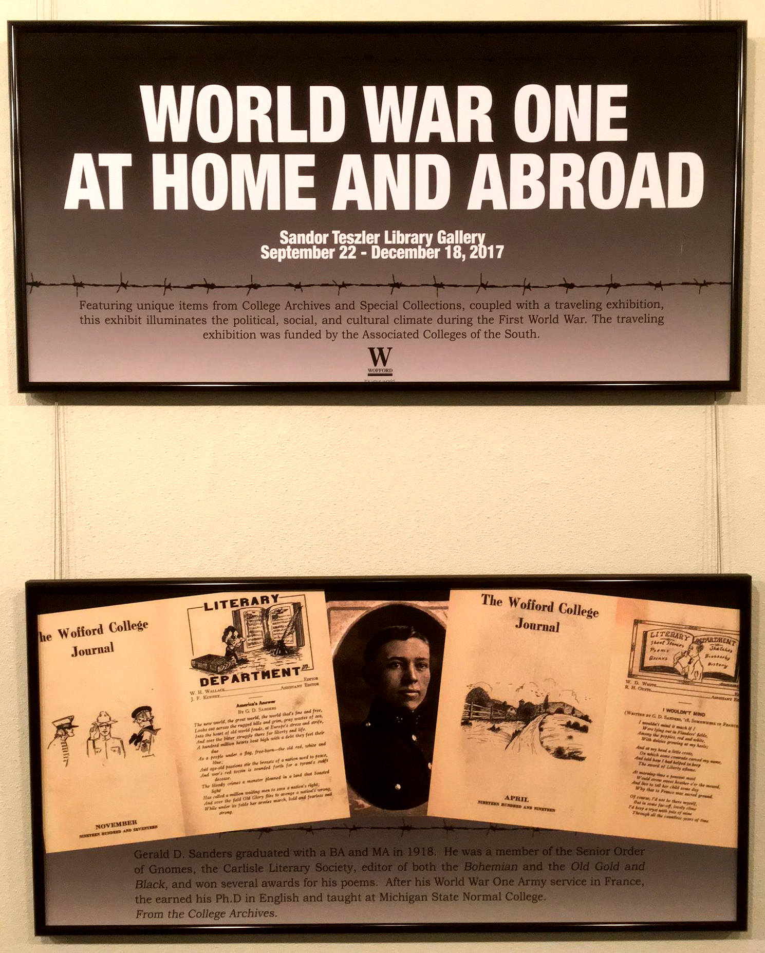 World War One: At Home and Abroad exhibit title and Gerald Sanders panels